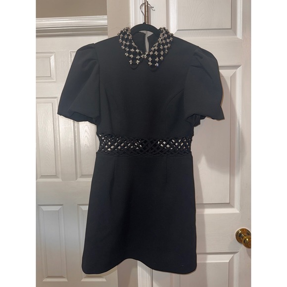 Rebecca Vallance Black Puff Sleeve Embellished Collar Cutout Mini Dress - Picture 6 of 11